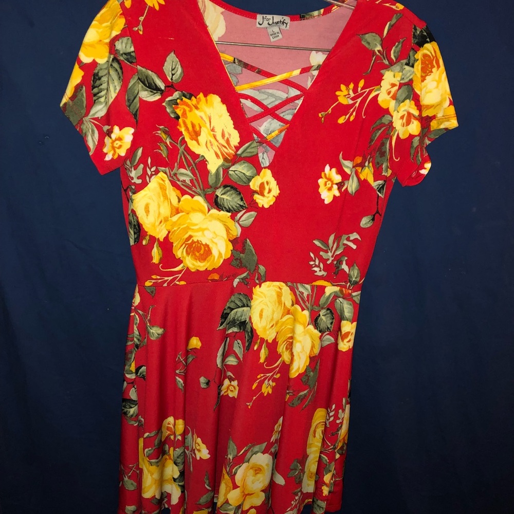 Red and yellow floral cross cross low cut dress